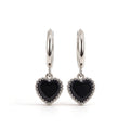 Silver plated black heart hoop earrings with charm.