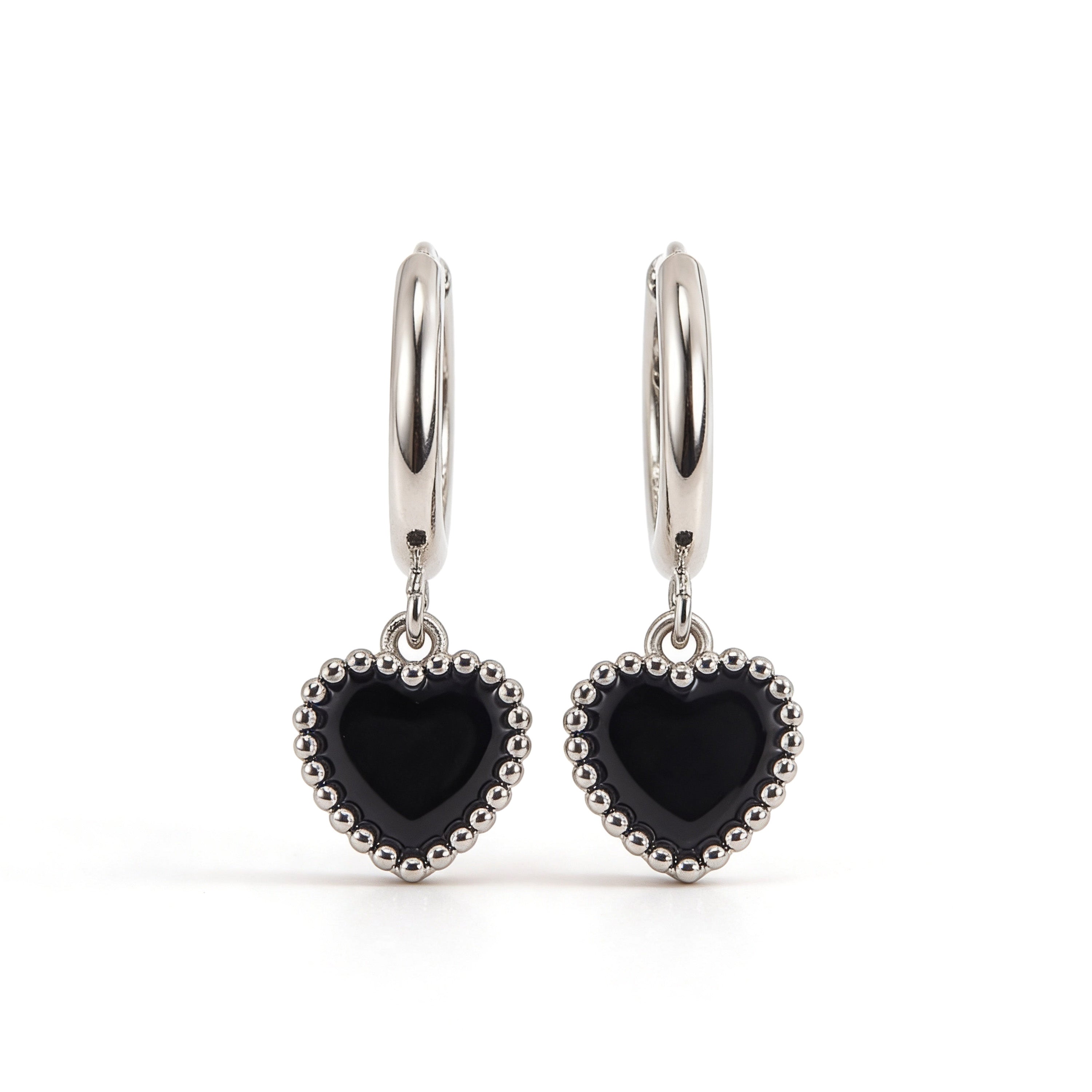 Silver plated black heart hoop earrings with charm.