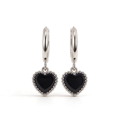 Silver plated black heart hoop earrings with charm.
