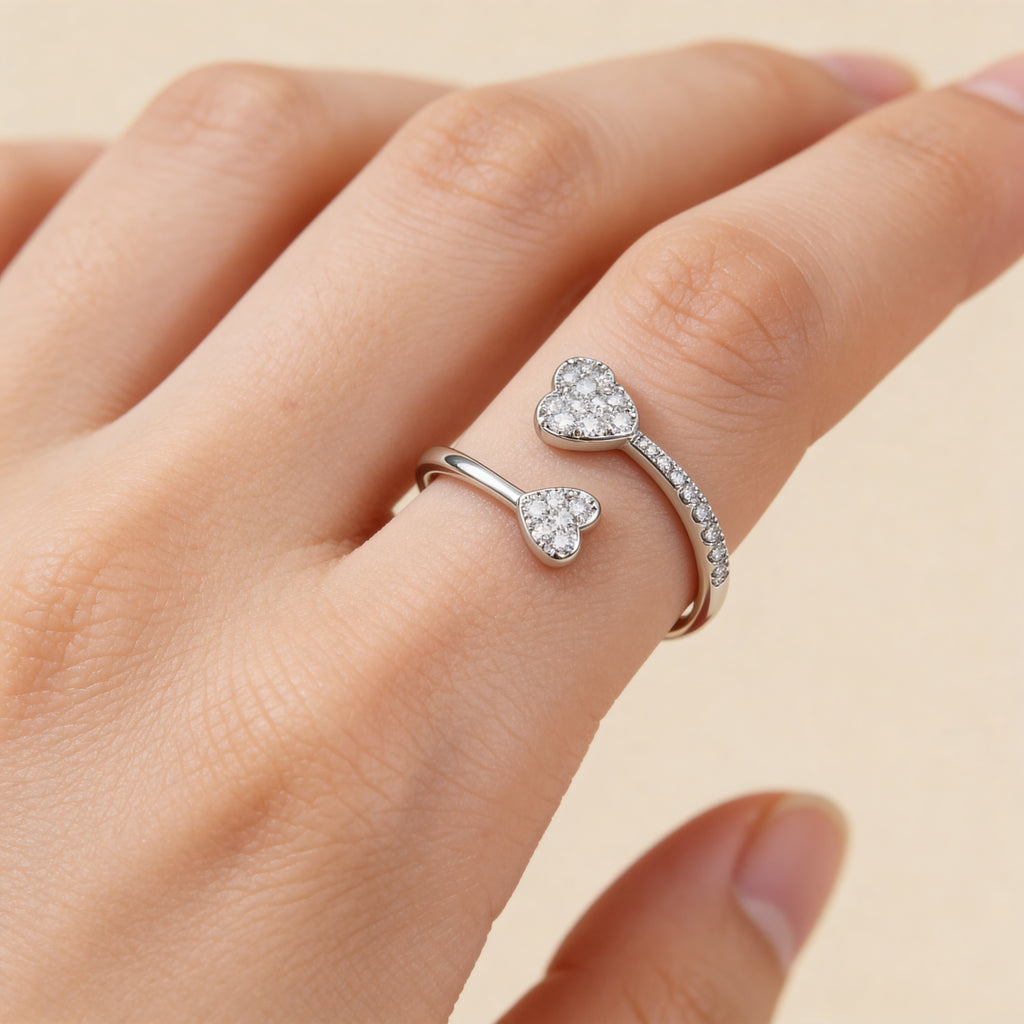 Adjustable silver double heart ring worn on hand, romantic CZ promise ring for women.