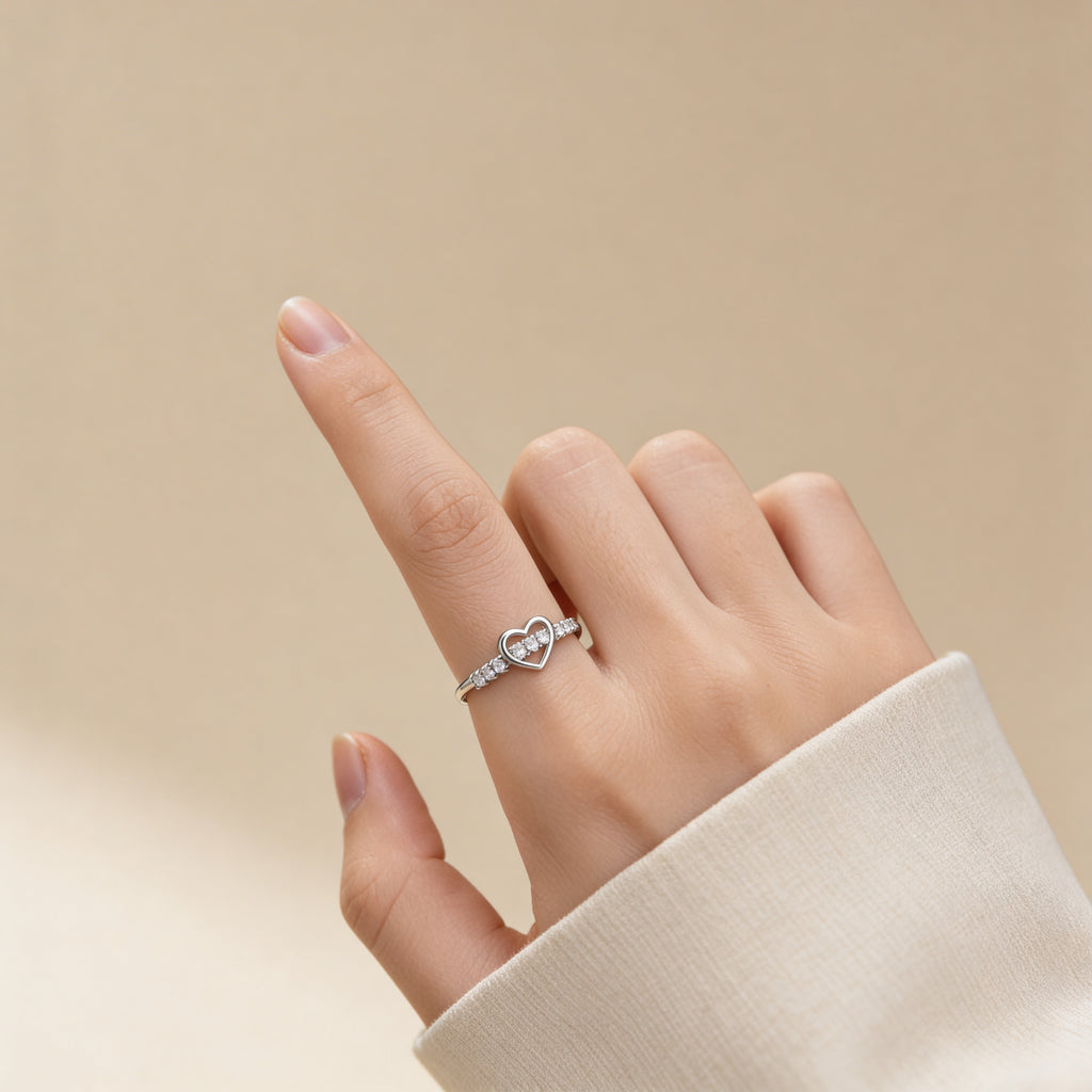 Silver plated heart ring with cubic zirconia pavé band