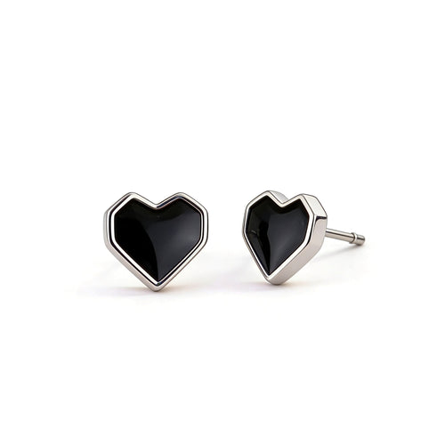 Silver plated black heart stud earrings.