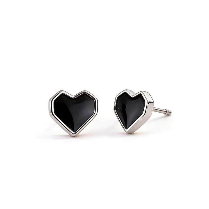 Black Glitter Heart Stud Earrings – Silver Plated