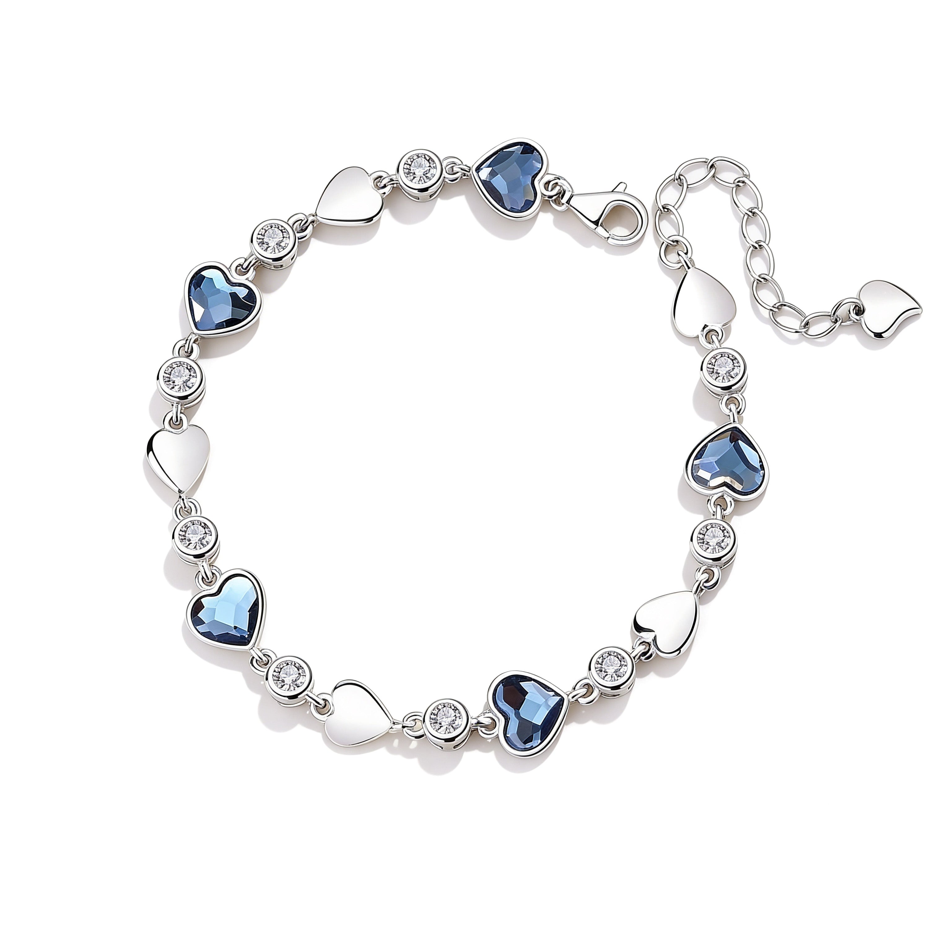 Silver plated blue heart charm bracelet with CZ crystals.