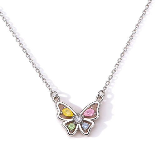Colorful crystal butterfly pendant necklace with silver plated chain.