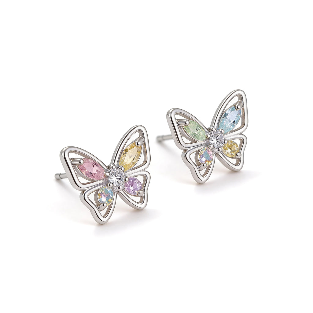 Silver plated colourful crystal butterfly stud earrings.