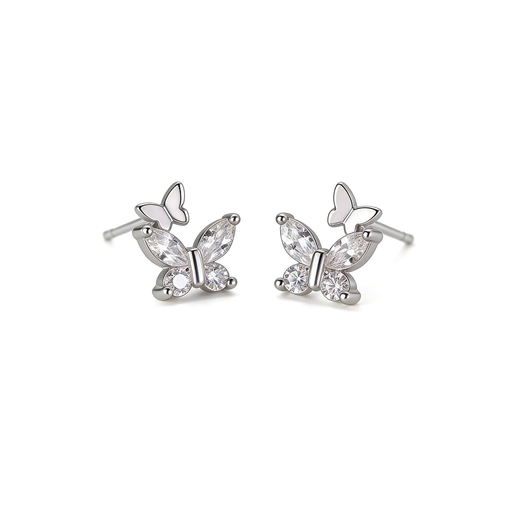 Silver crystal double butterfly stud earrings with delicate sparkling design