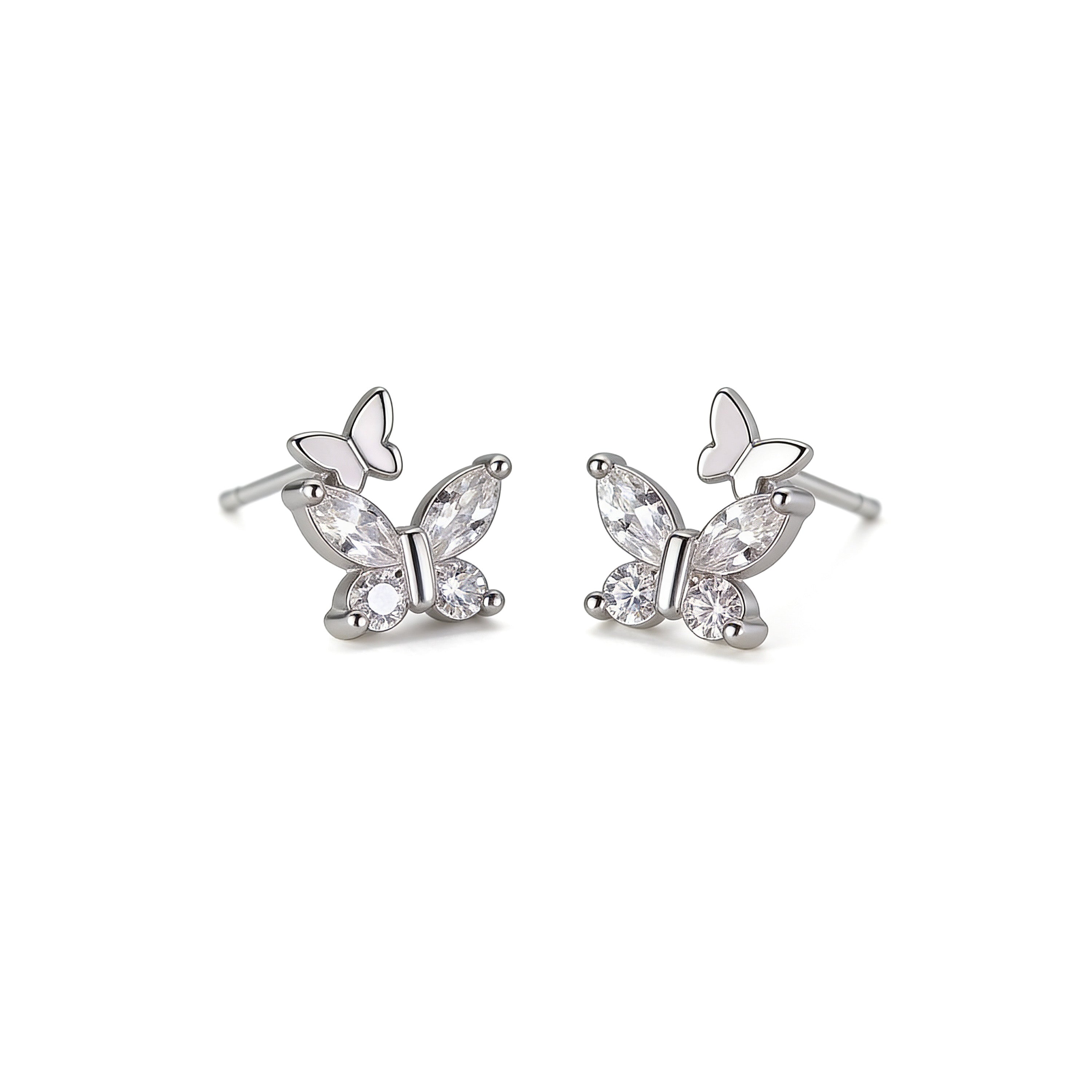 Silver crystal double butterfly stud earrings with delicate sparkling design