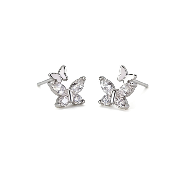 Double Butterfly Stud Earrings – Silver Plated