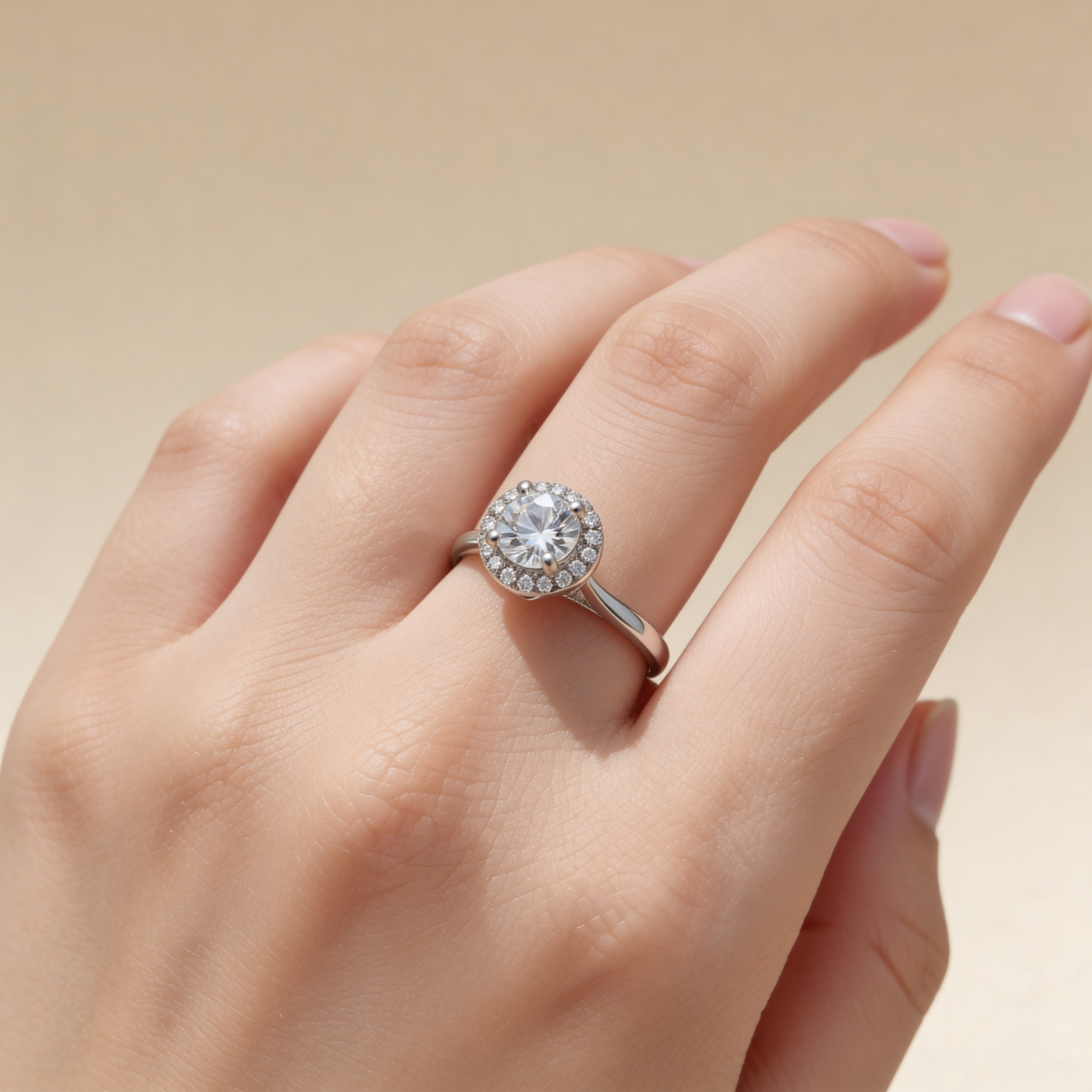 Round CZ halo ring in polished silver plated finish with pavé detailing.