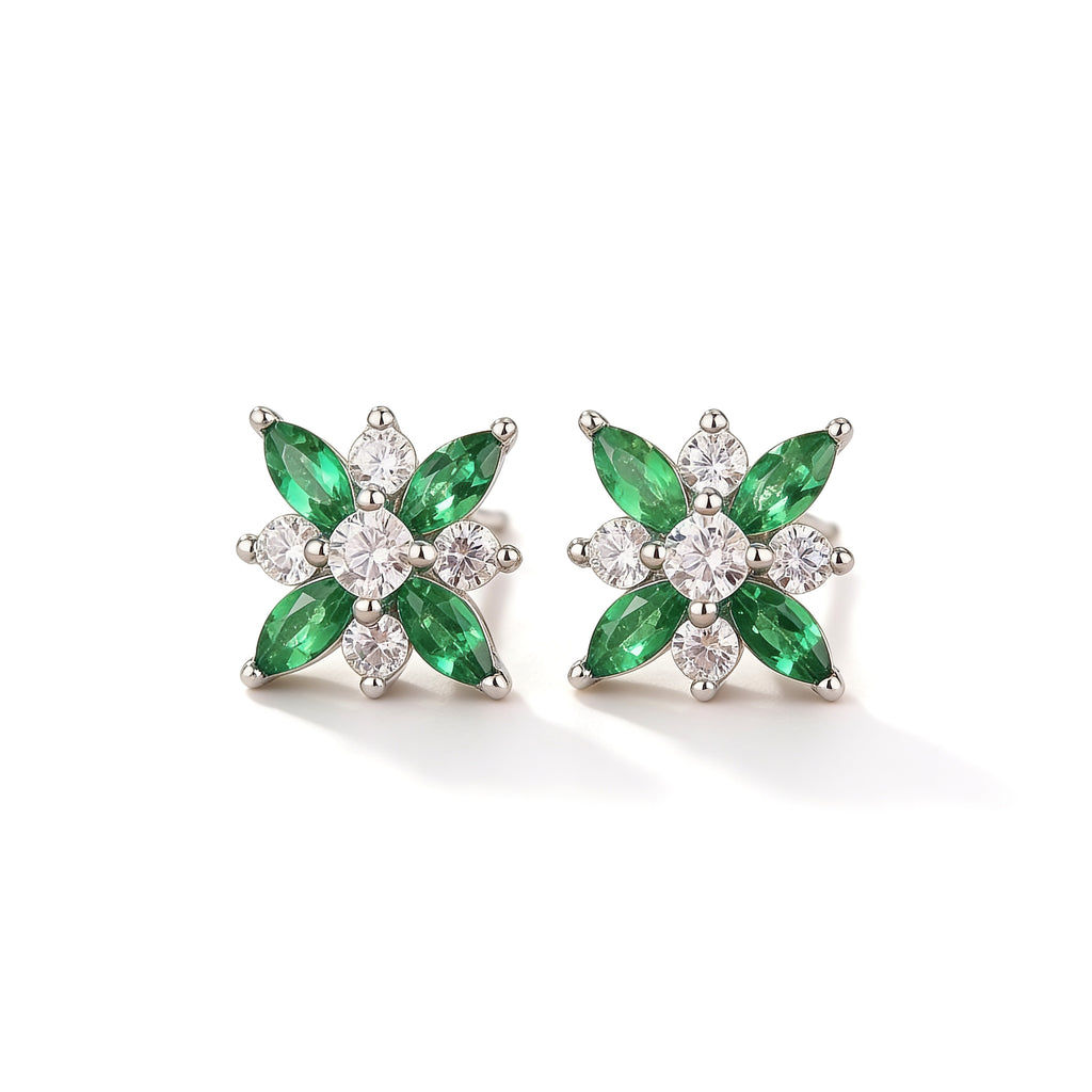 Silver plated flower stud earrings with green crystal petals and sparkling white cubic zirconia stones