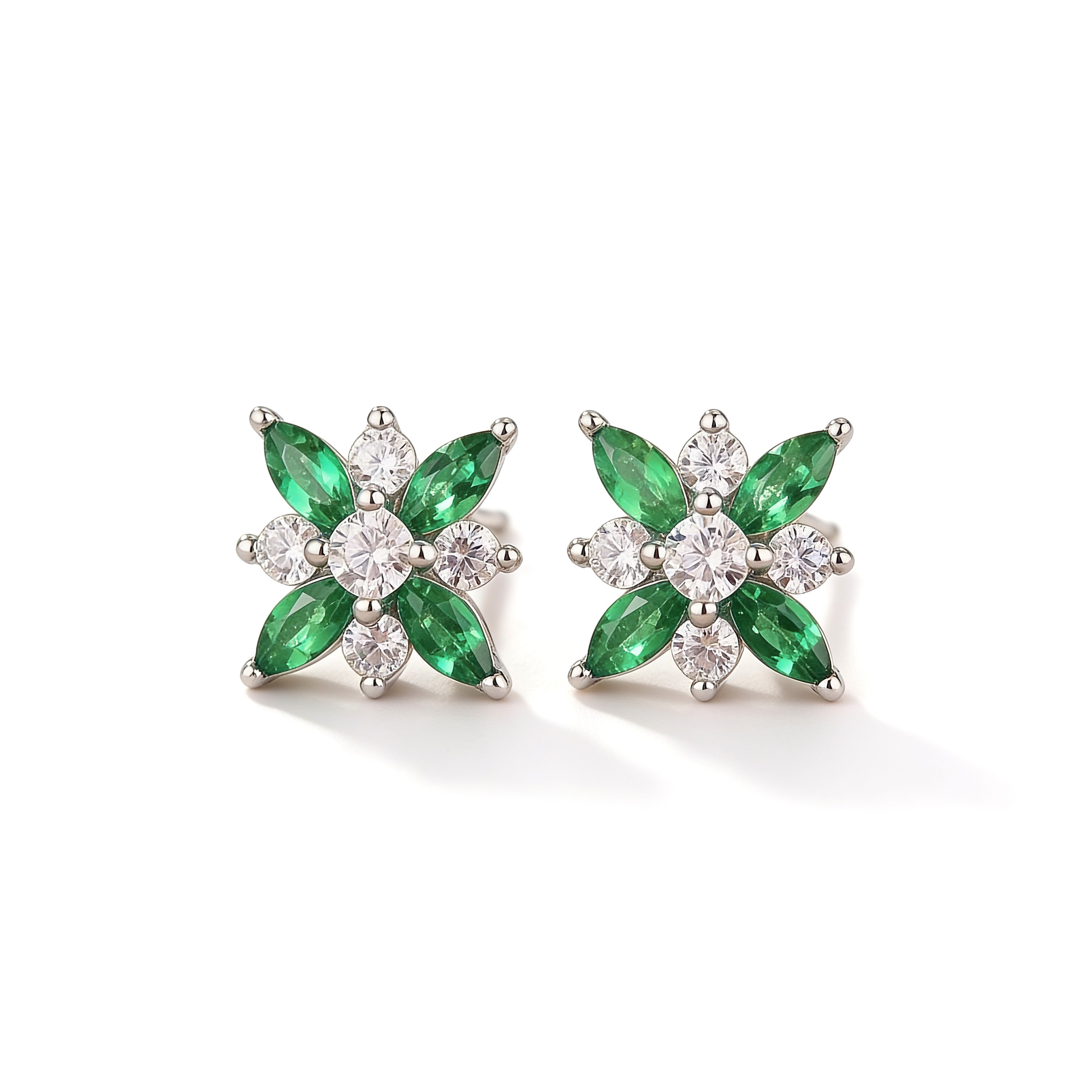 Silver plated flower stud earrings with green crystal petals and sparkling white cubic zirconia stones
