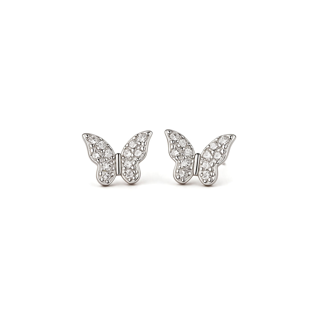 Mini silver plated butterfly stud earrings with tiny sparkling crystal stones on a white background
