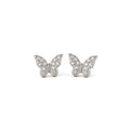 Mini silver plated butterfly stud earrings with tiny sparkling crystal stones on a white background