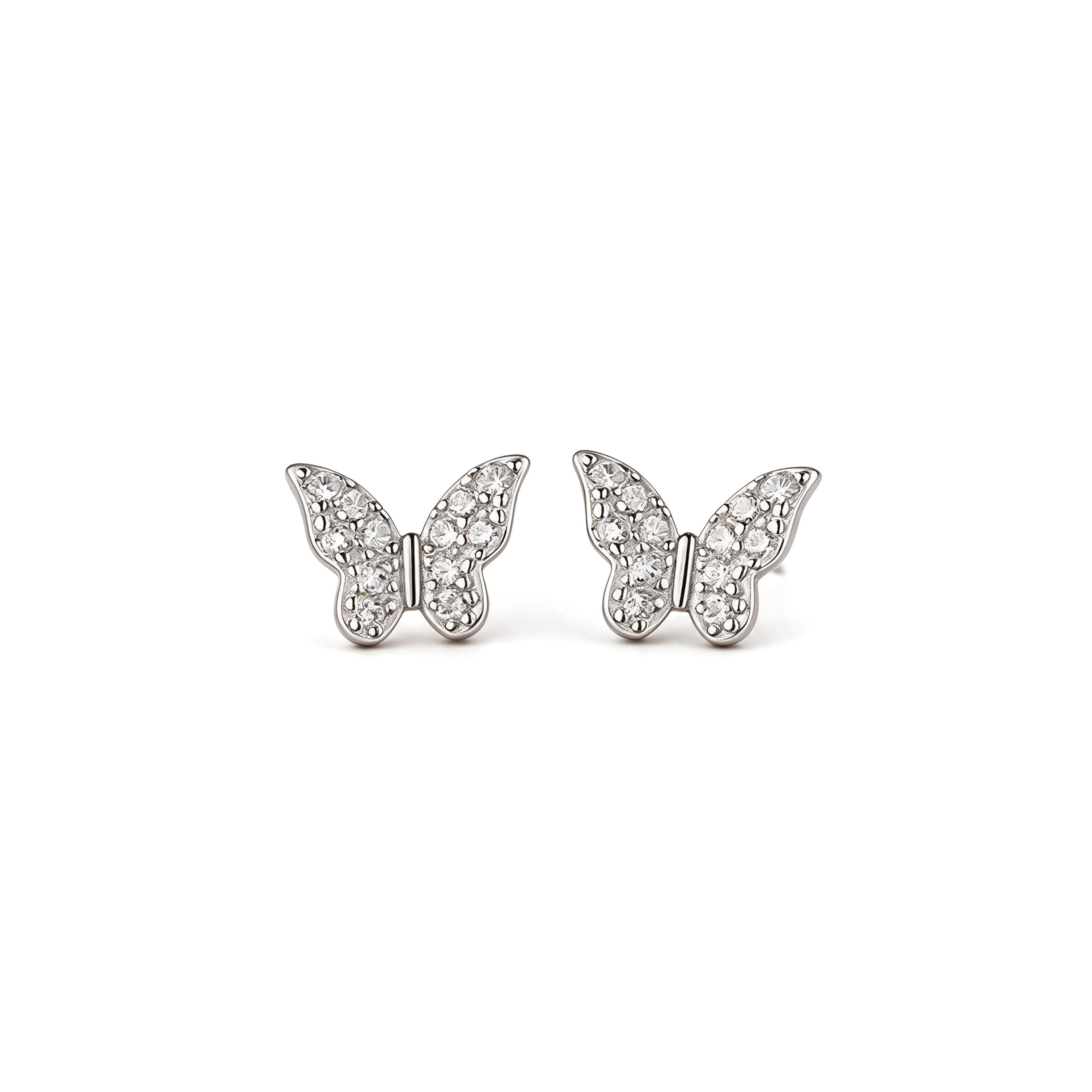 Mini silver plated butterfly stud earrings with tiny sparkling crystal stones on a white background