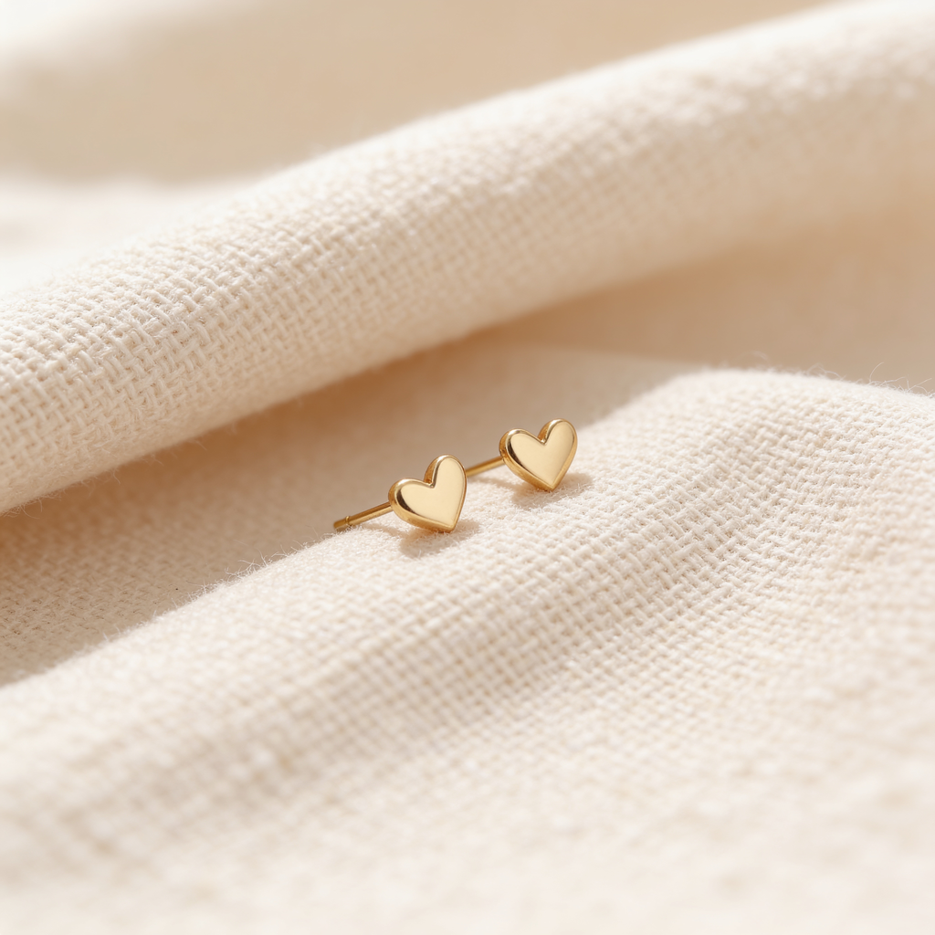 Pair of 4.8 mm gold tone mini heart stud earrings displayed on soft cream fabric