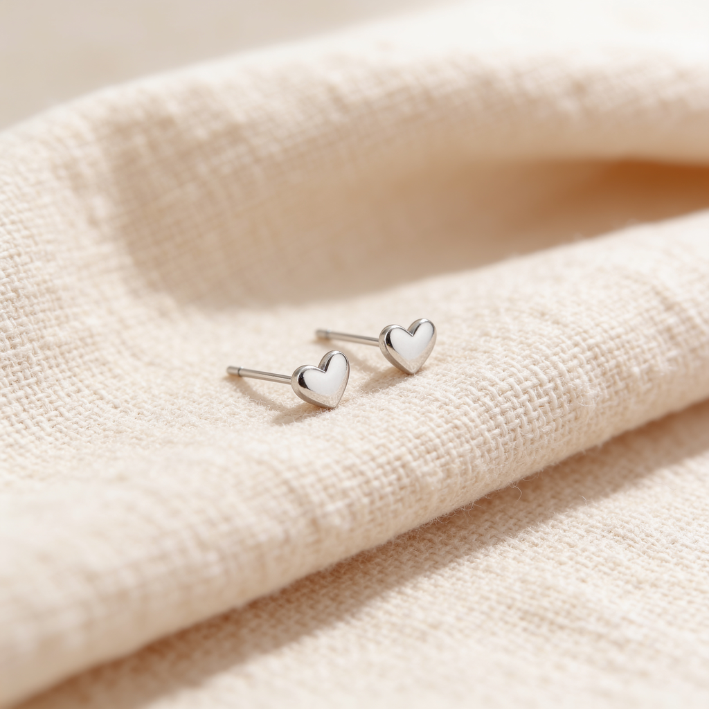 Pair of mini silver plated heart stud earrings displayed on soft cream fabric, featuring a polished 4.8 mm heart design
