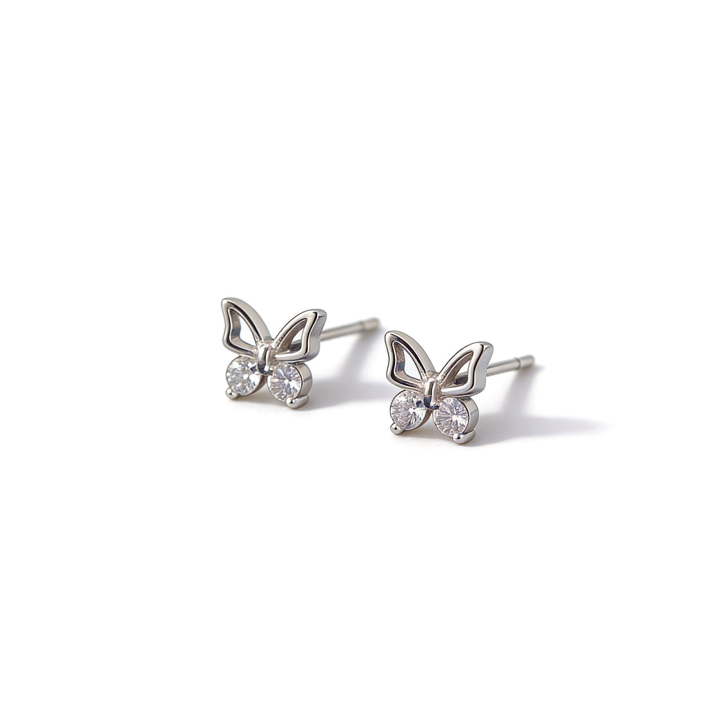 Tiny silver plated butterfly stud earrings with CZ.