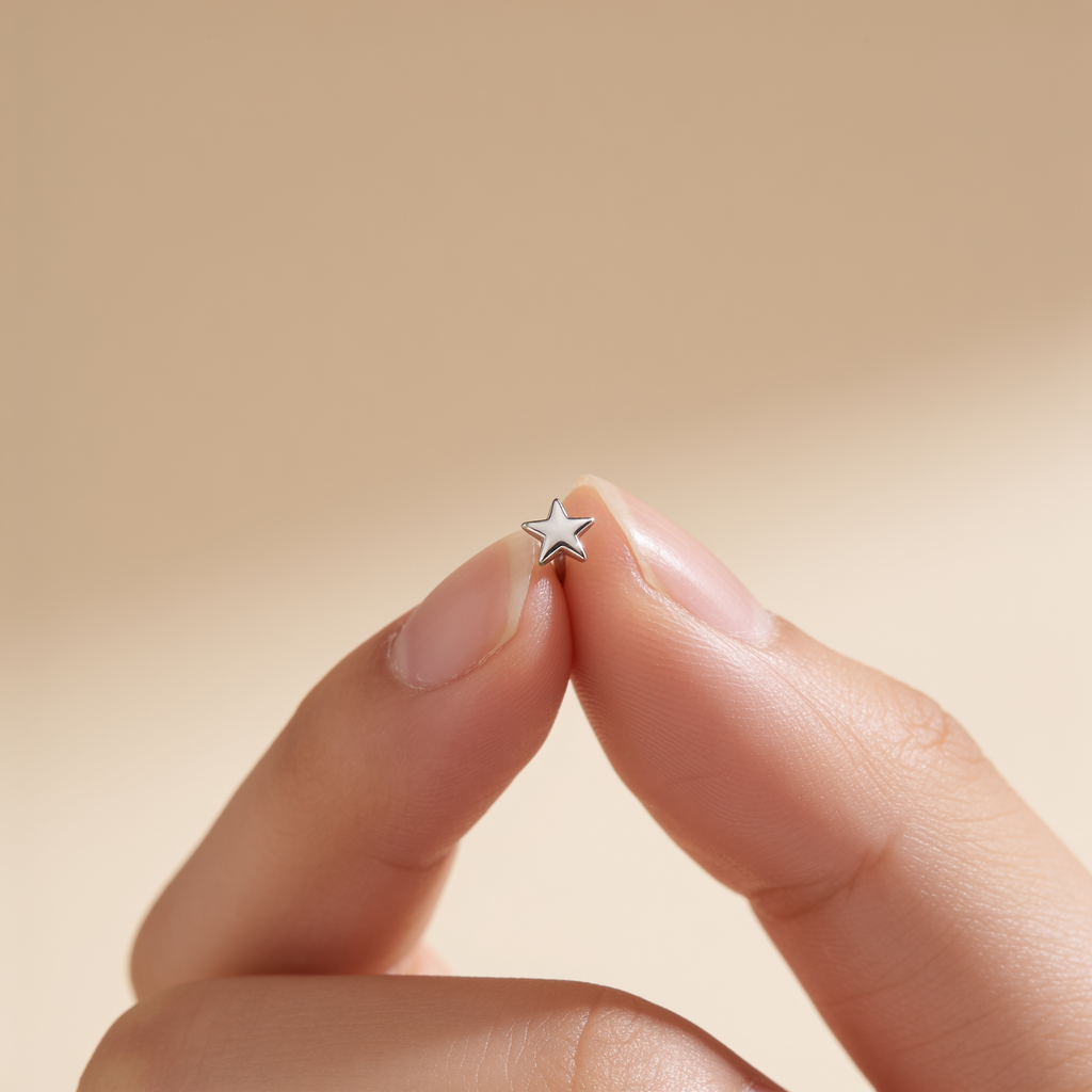 Mini silver plated star stud earring held between fingers to show its small size