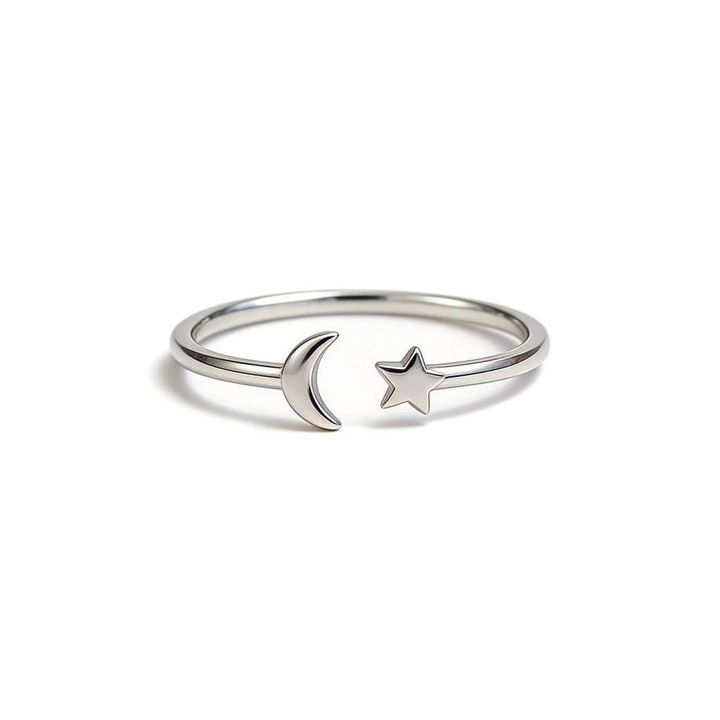 Silver plated moon and star open ring adjustable band minimal jewellery