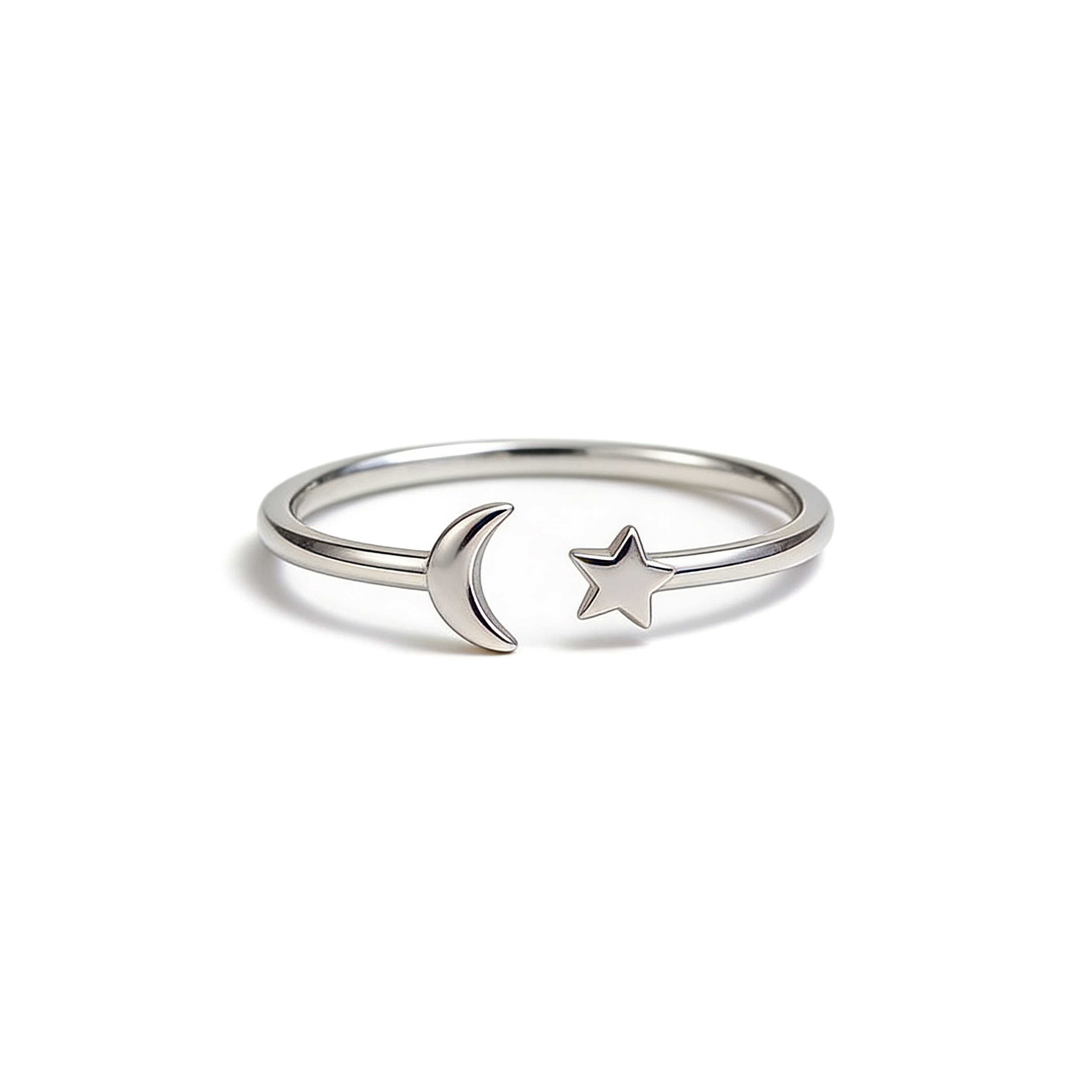 Silver plated moon and star open ring adjustable band minimal jewellery