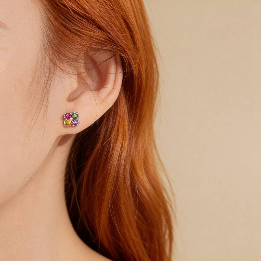 Multicolor crystal flower stud earrings silver plated.