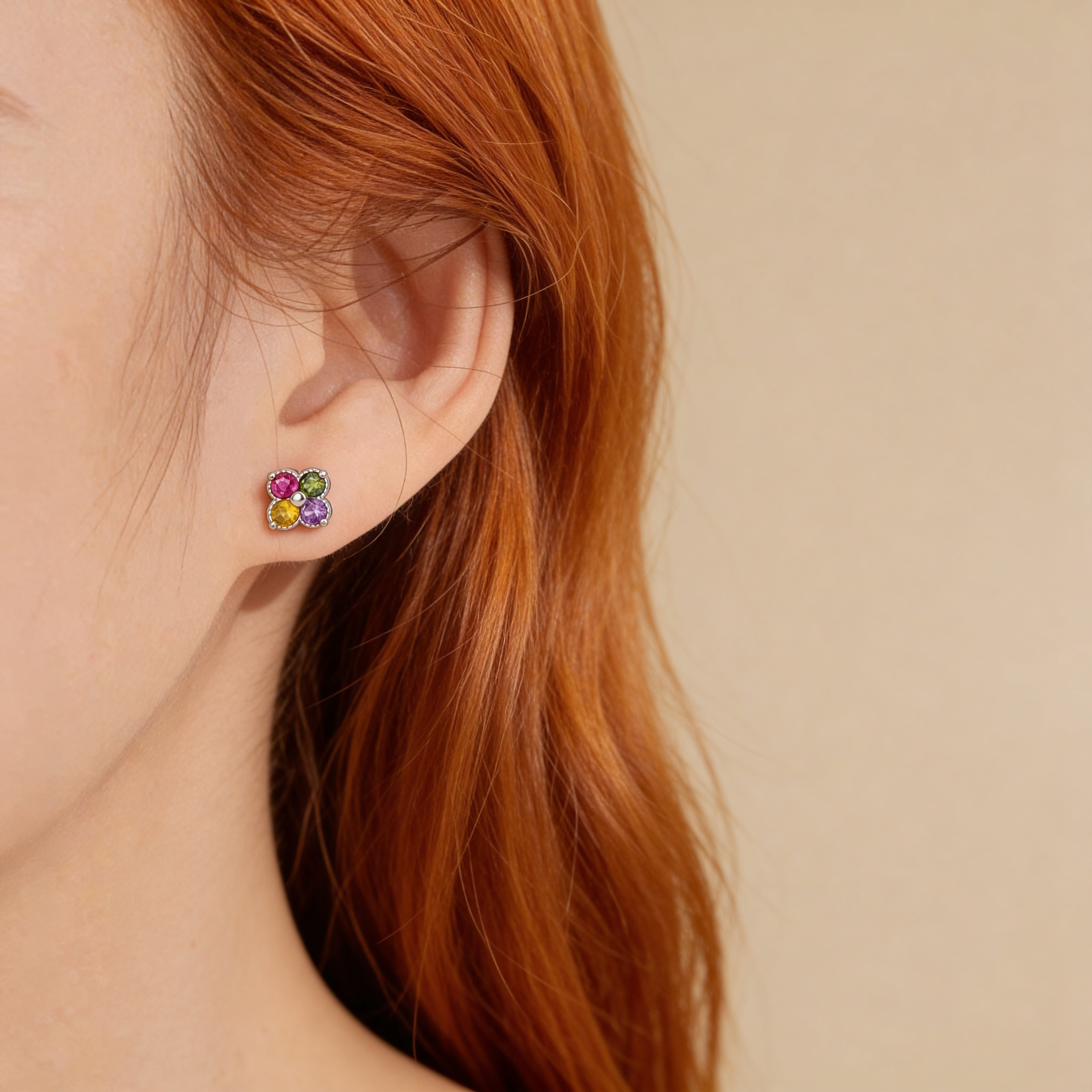 Multicolor crystal flower stud earrings silver plated.