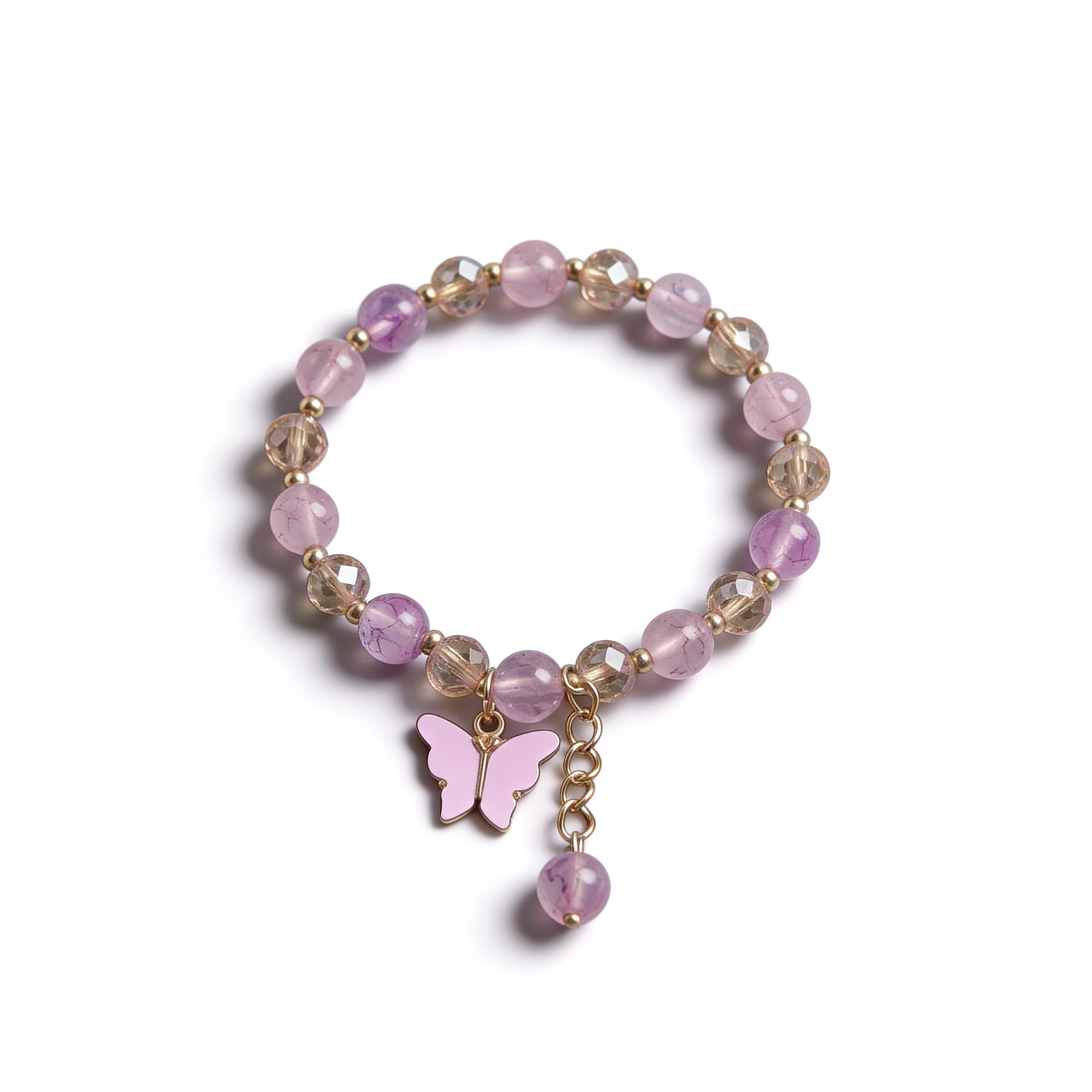 Pink beaded bracelet with butterfly charm.