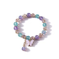 Multicolored beaded bracelet with a butterfly charm on a white background
