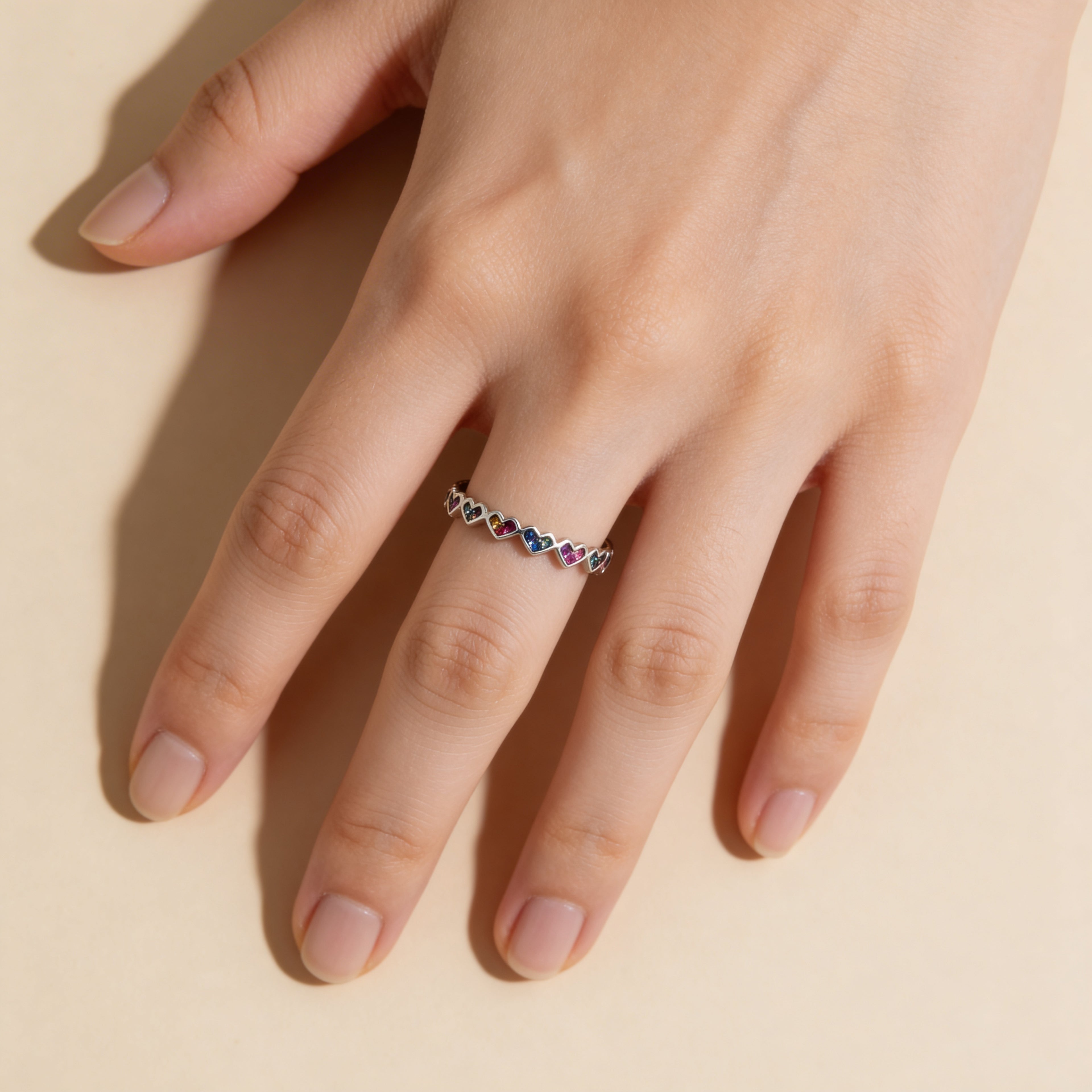 Multicolor heart stone ring in silver plated finish, dainty adjustable rainbow jewelry.