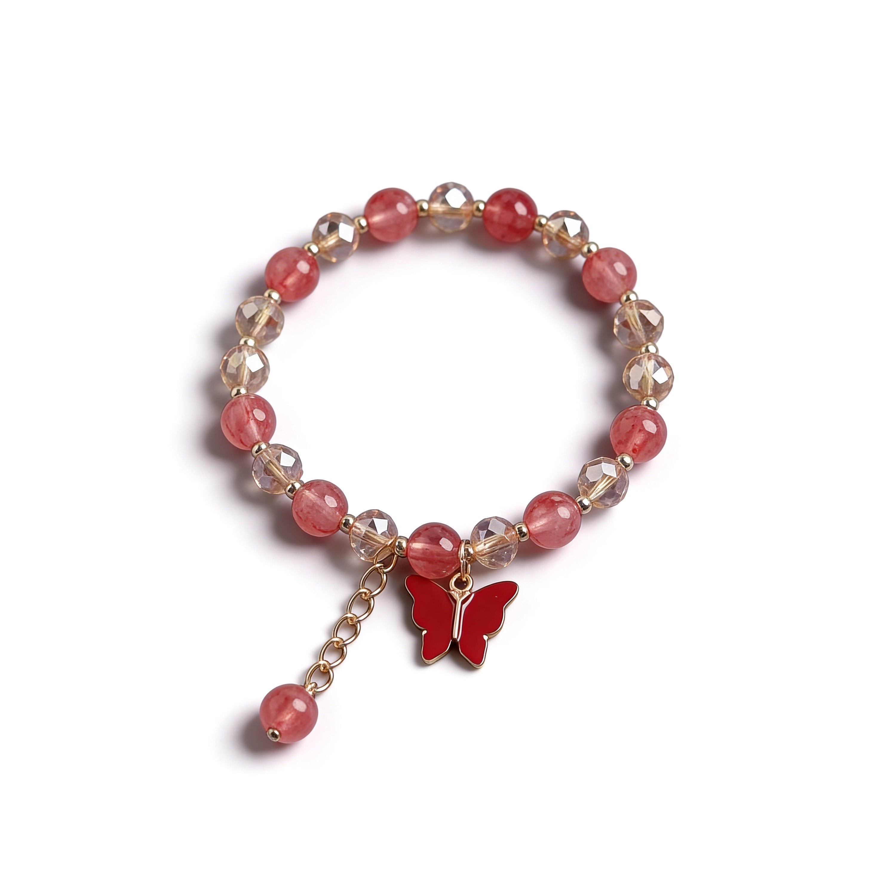 Beaded bracelet with a red butterfly charm on a white background