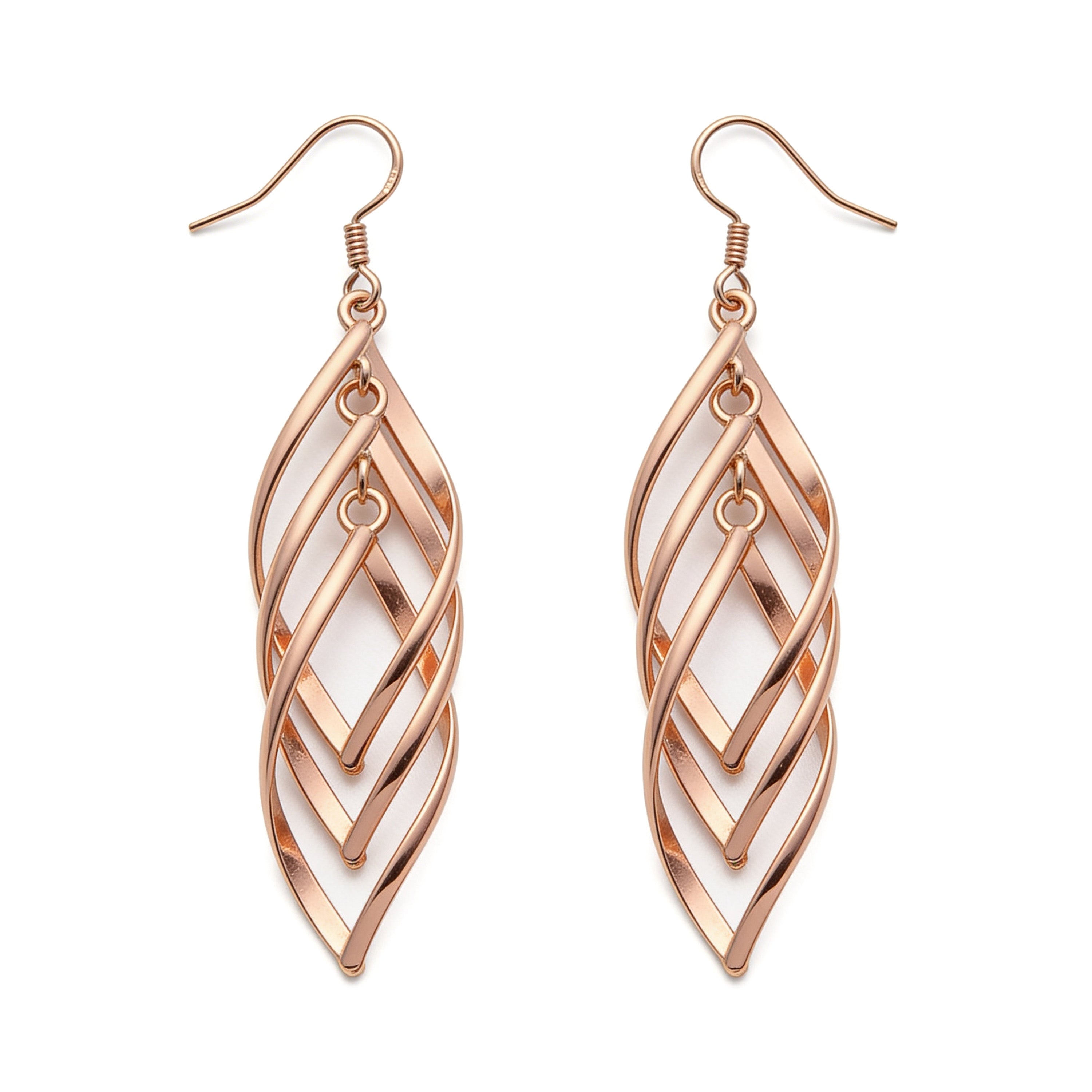Rose gold tone cascading leaf dangle earrings, 65mm drop.
