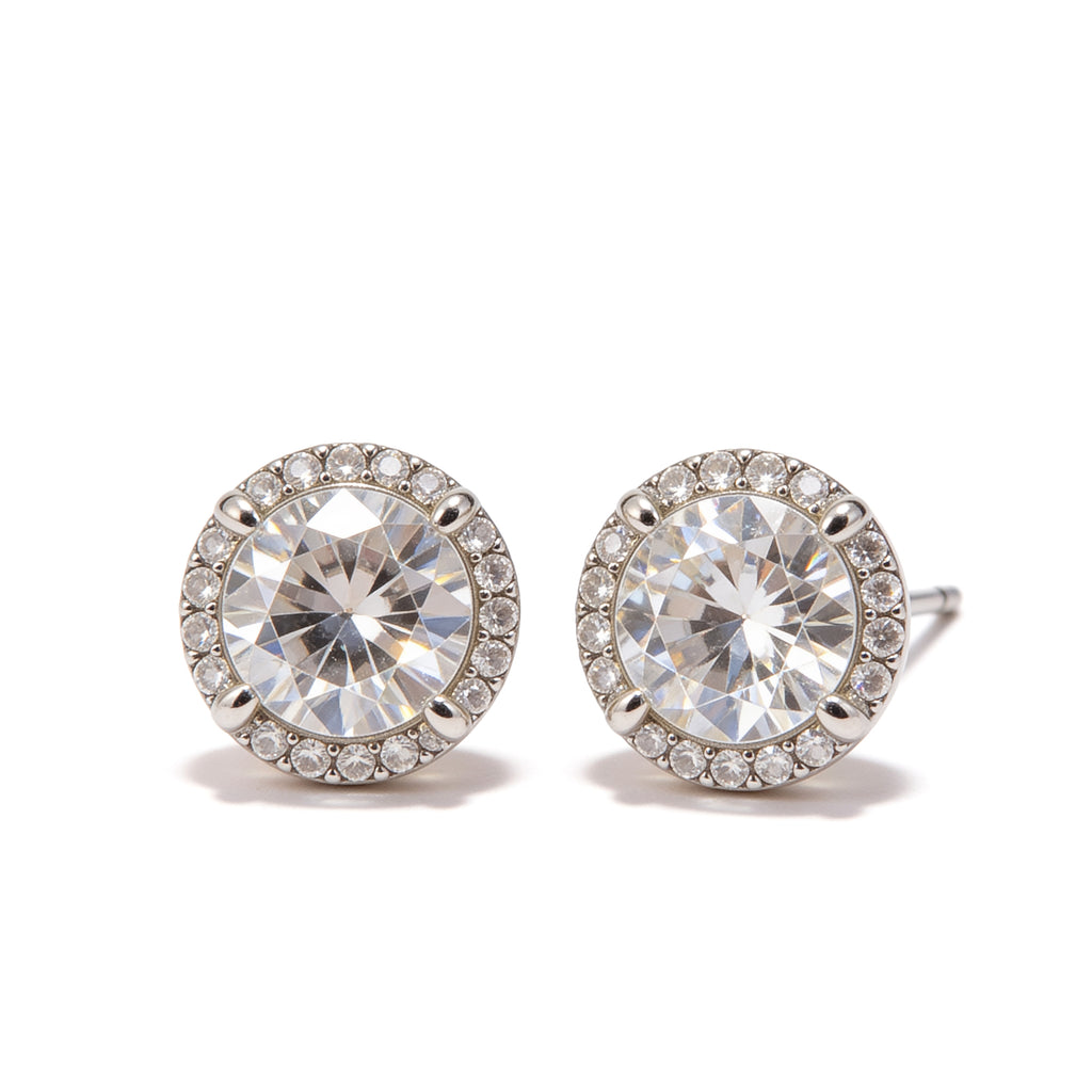 Silver plated round cubic zirconia stud earrings with a large centre stone surrounded by sparkling crystal accents