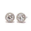 Silver plated round cubic zirconia stud earrings with a large centre stone surrounded by sparkling crystal accents