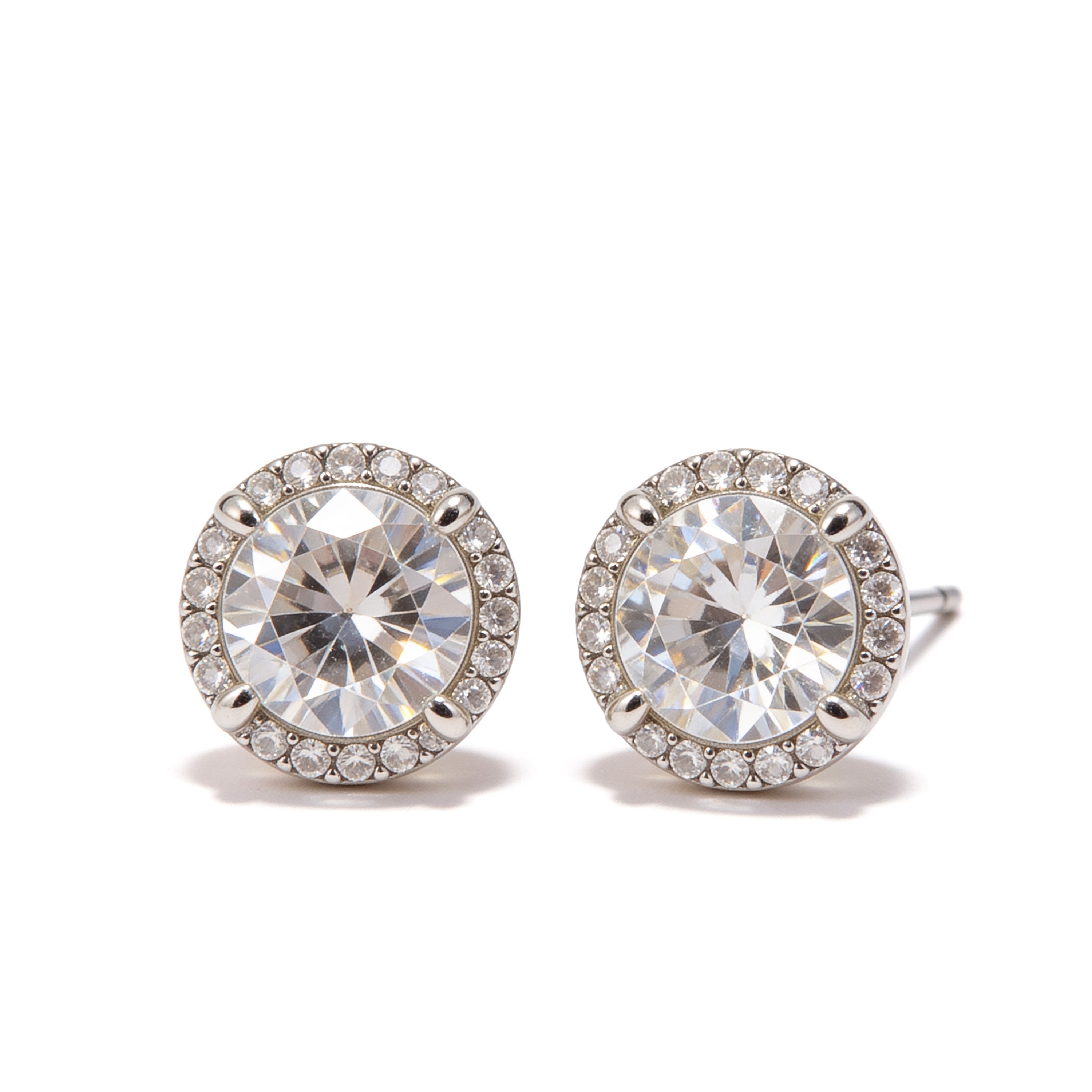 Silver plated round cubic zirconia stud earrings with a large centre stone surrounded by sparkling crystal accents