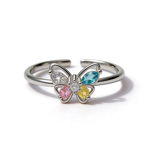 Silver plated adjustable butterfly ring with multicolor diamante stones.