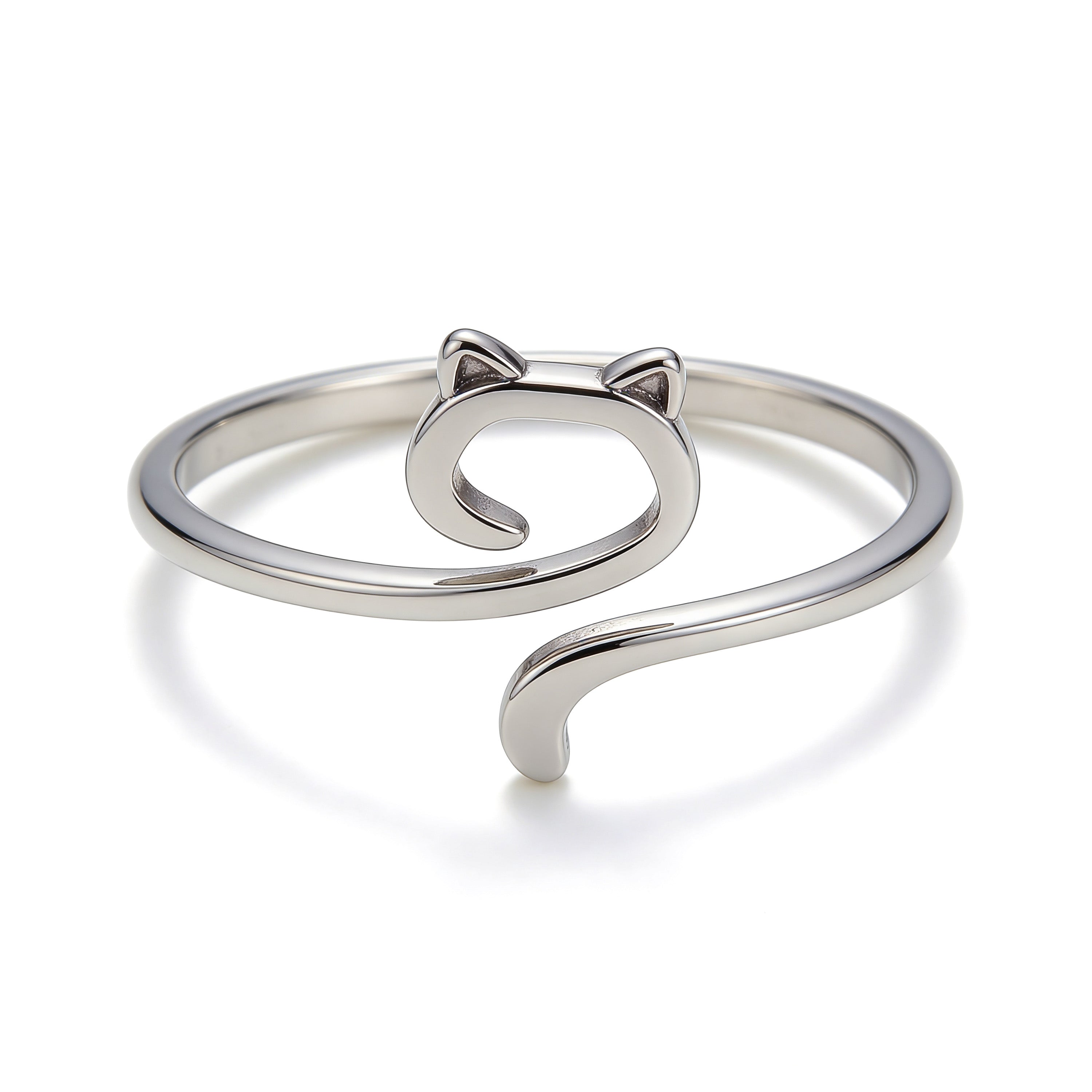 Silver plated adjustable cat silhouette shaped ring with minimalist open band design. 