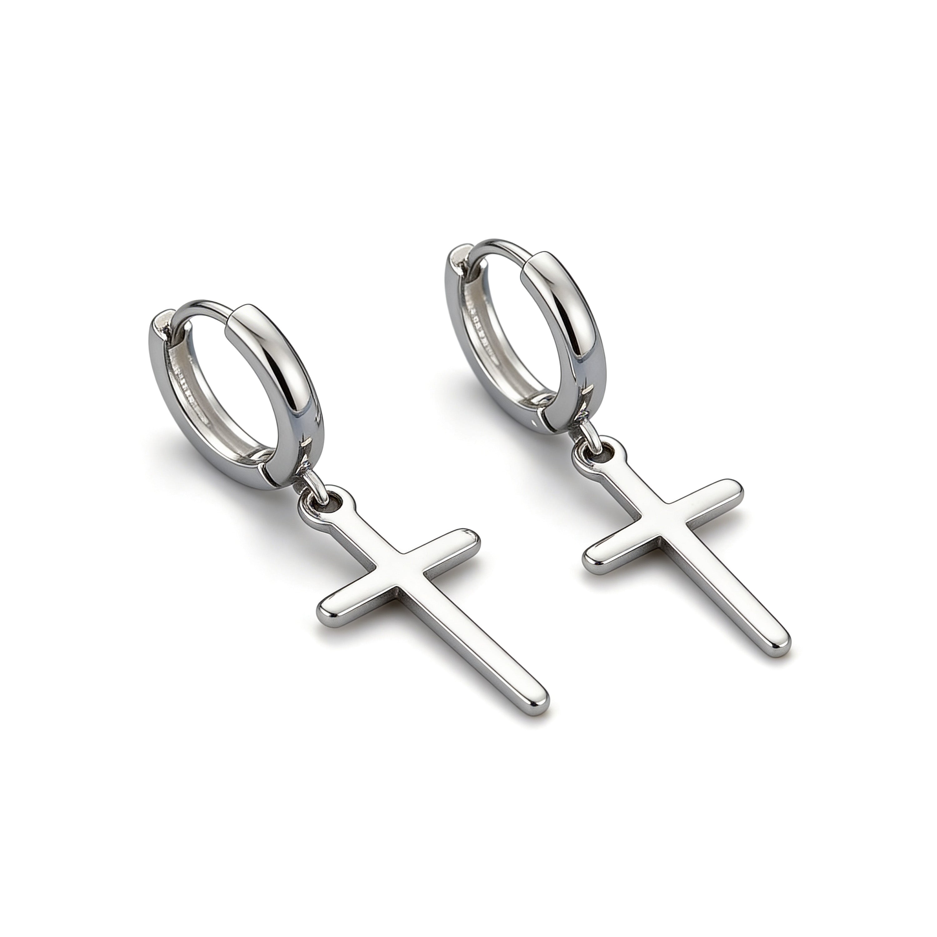 Silver plated cross hoop earrings with drop charm.