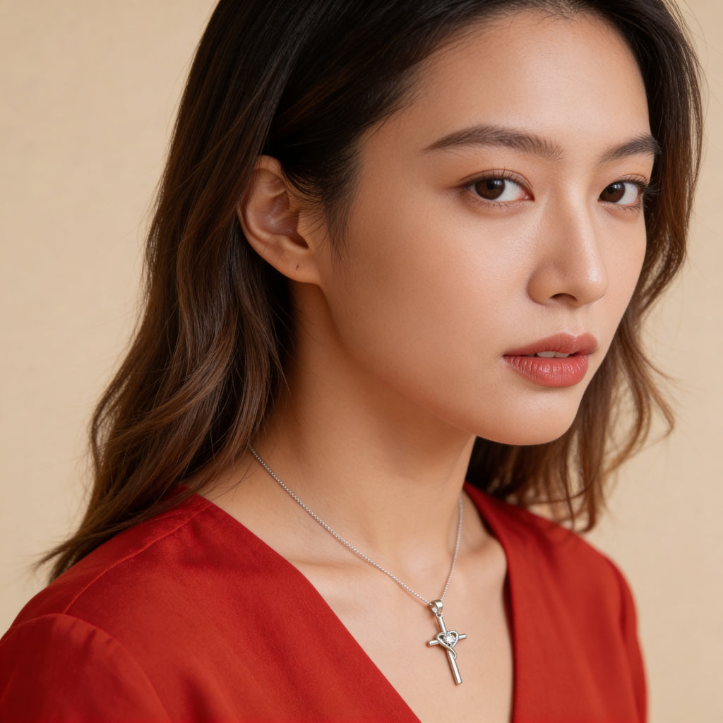 Silver ribbon cross pendant necklace worn on neck.