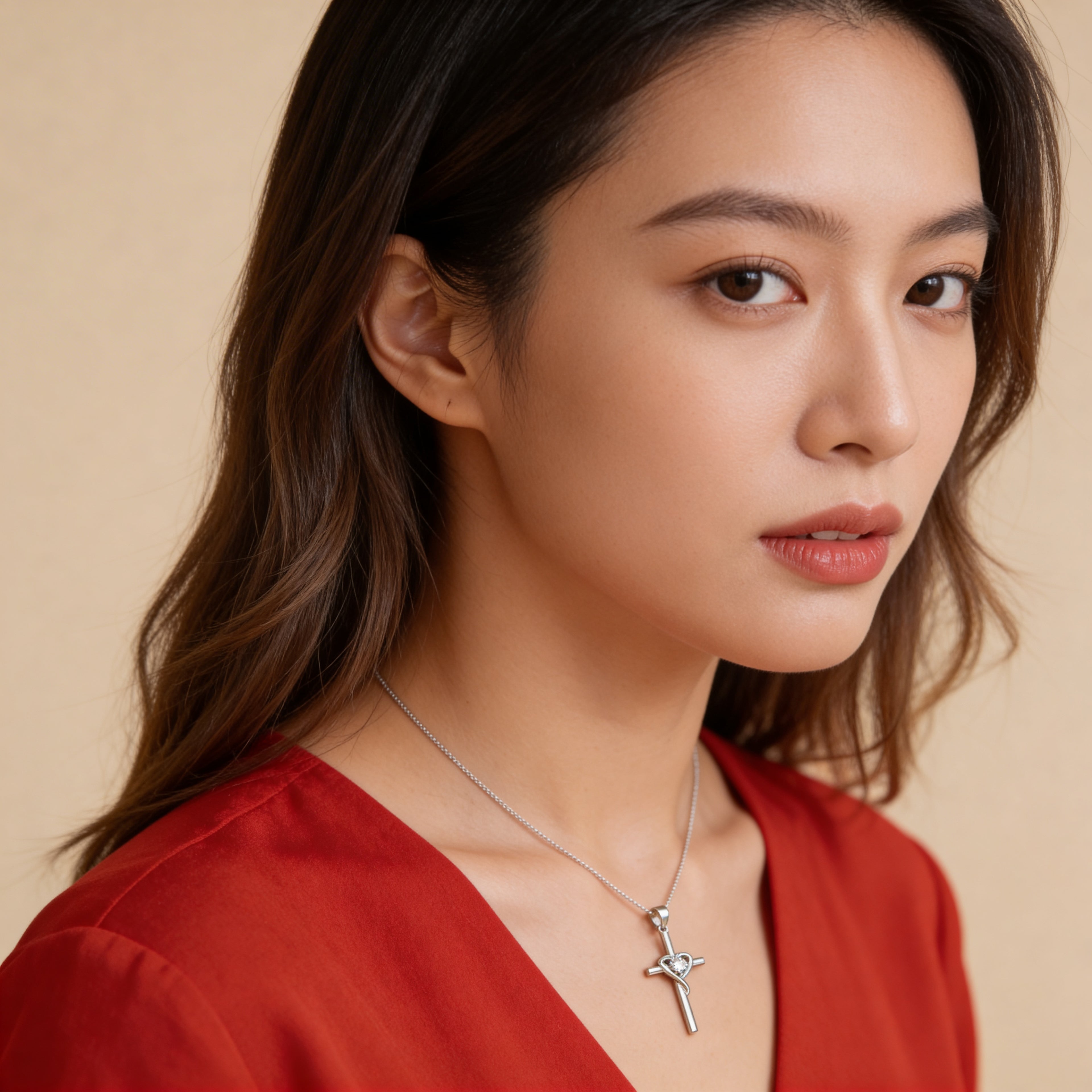 Silver ribbon cross pendant necklace worn on neck.