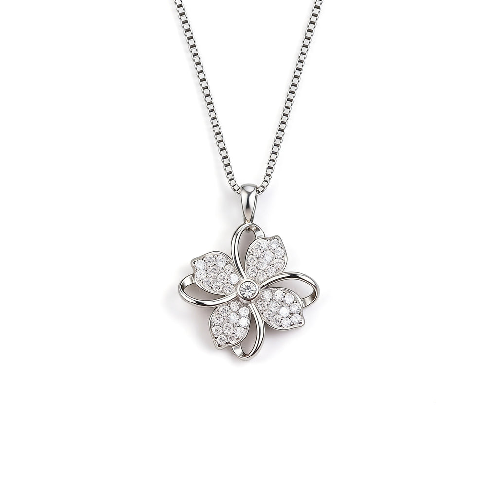 Silver plated crystal clover pendant necklace with delicate chain.