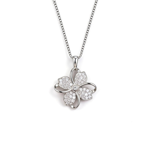 Silver plated crystal clover pendant necklace with delicate chain.
