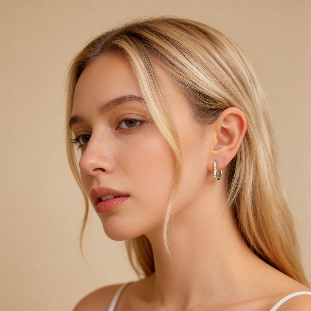 Silver plated CZ heart hoop earrings, 1.2cm size.