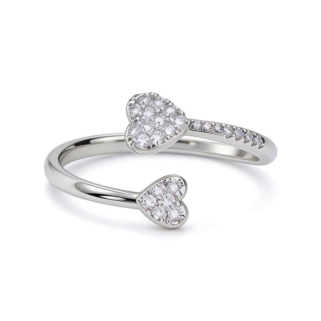 Silver plated adjustable double heart ring with cubic zirconia stones.
