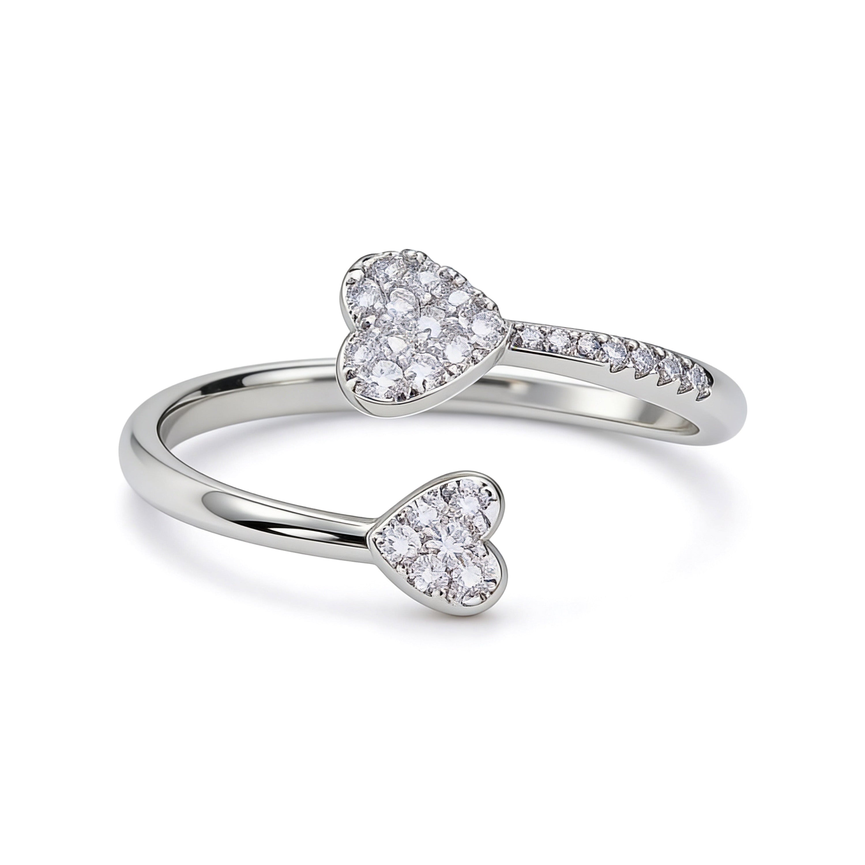 Silver plated adjustable double heart ring with cubic zirconia stones.