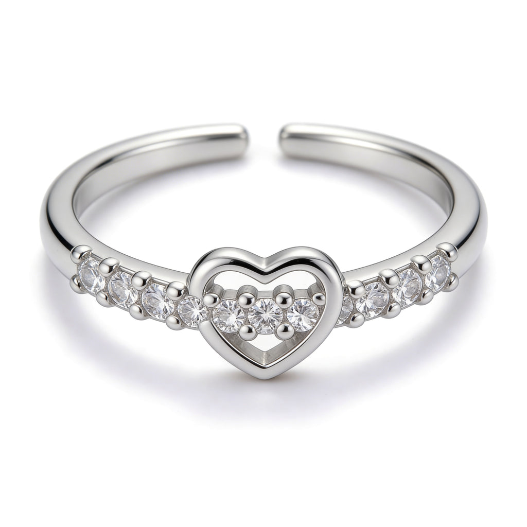 Silver plated adjustable open heart buckle ring with cubic zirconia stones.