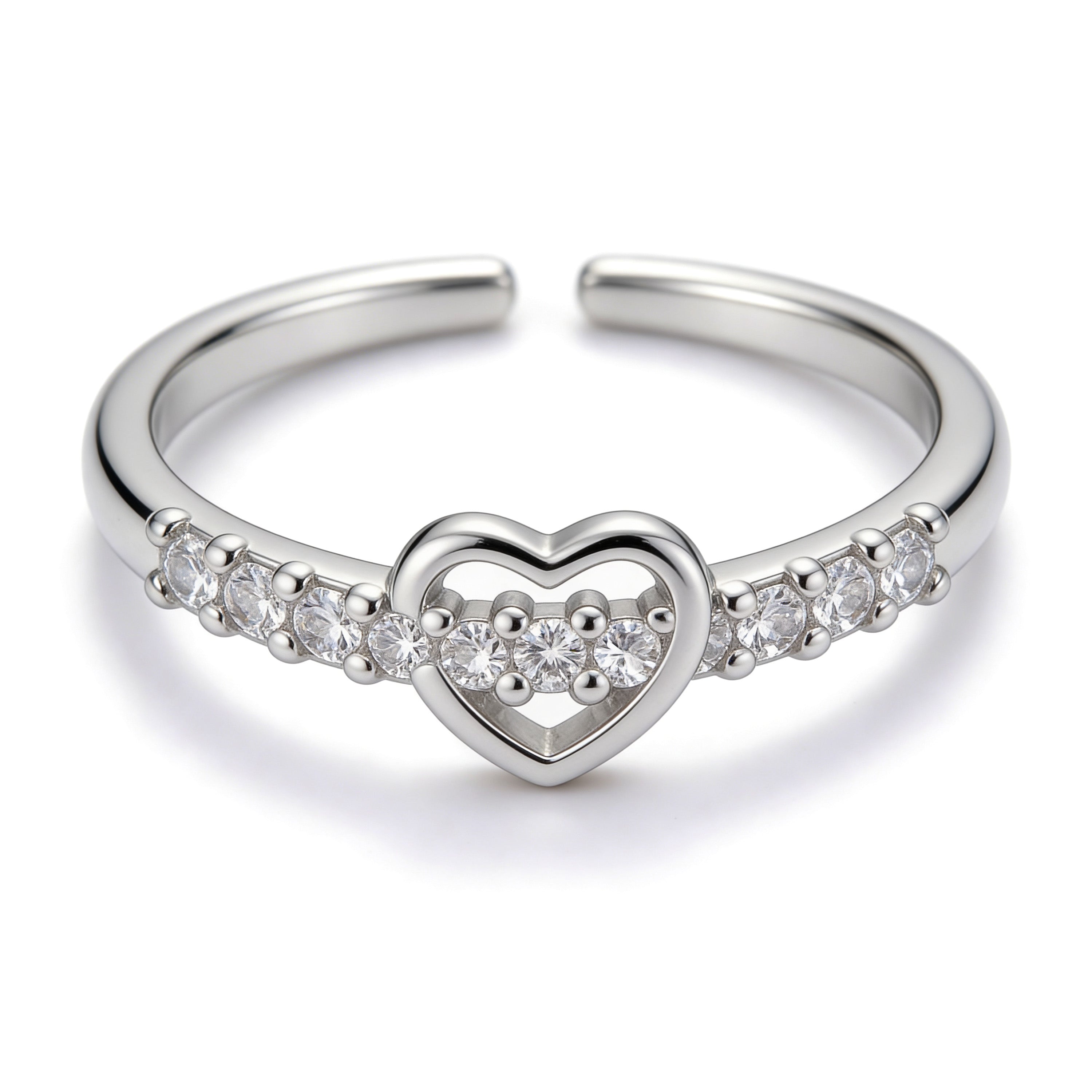 Silver plated adjustable open heart buckle ring with cubic zirconia stones.