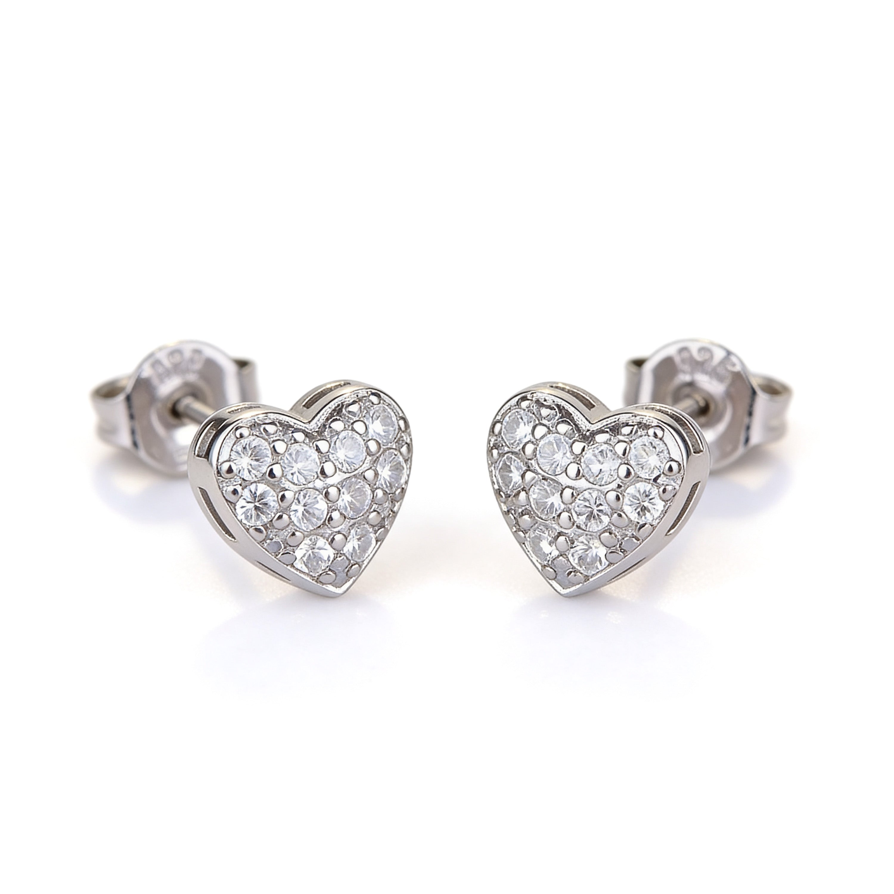 Small silver plated heart earrings with diamanté detail.
