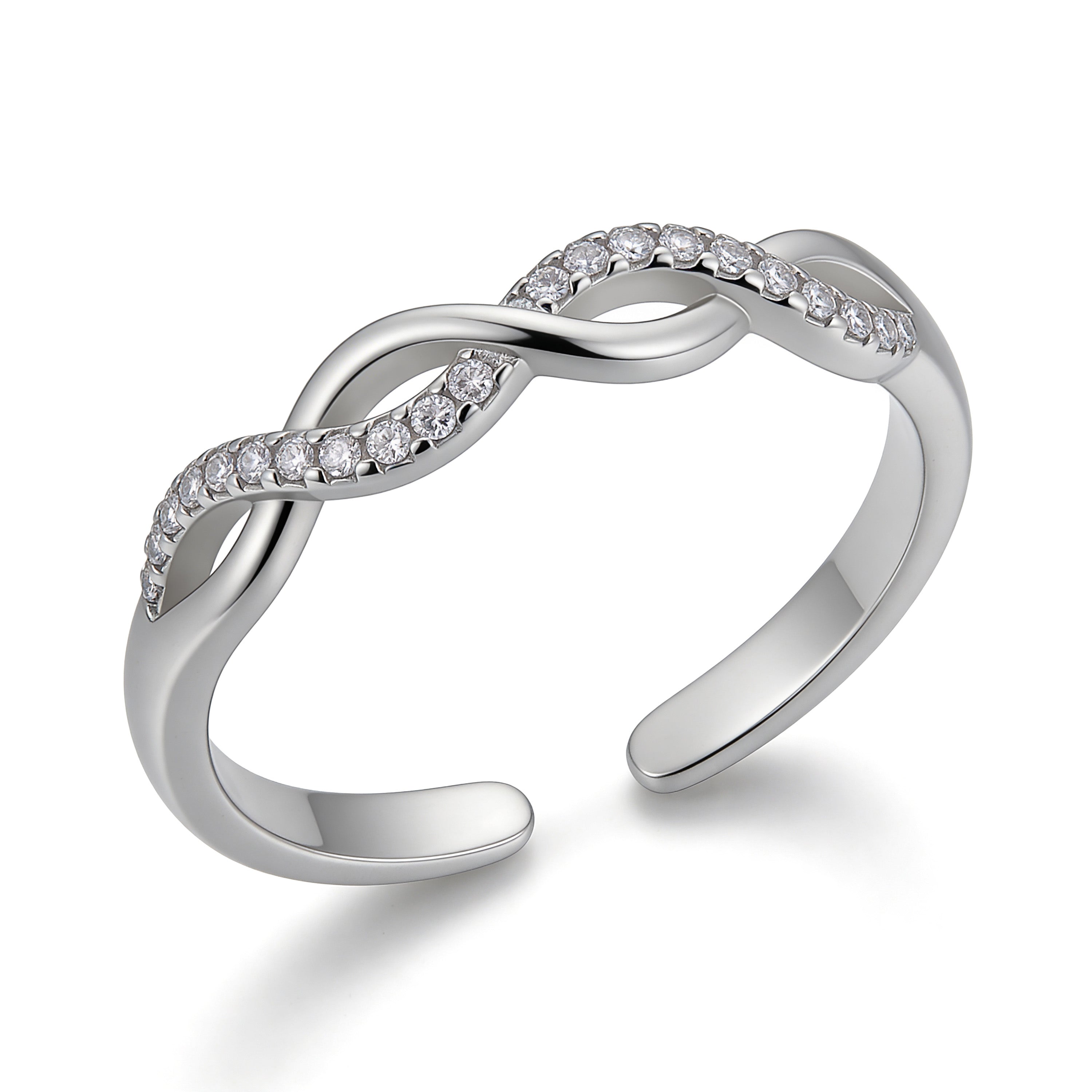 Silver-plated open cuff ring with a twisted infinity-style design, featuring two curved bands set with small round cubic zirconia stones and a smooth polished finish.
