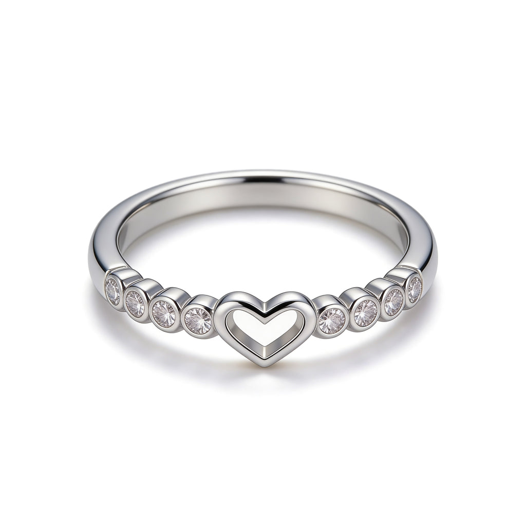 Silver plated adjustable open heart ring with cubic zirconia stones.